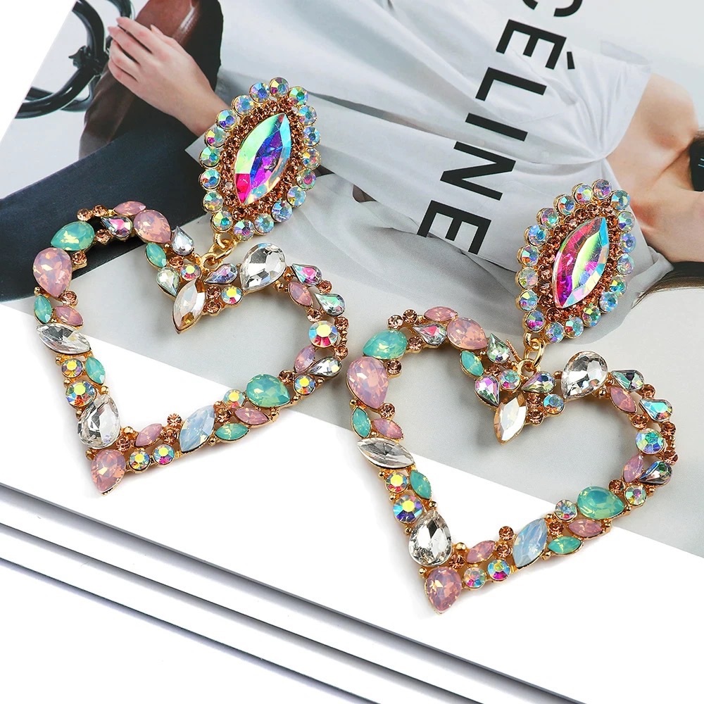 Pink heart rhinestone earrings fashion jewelry
